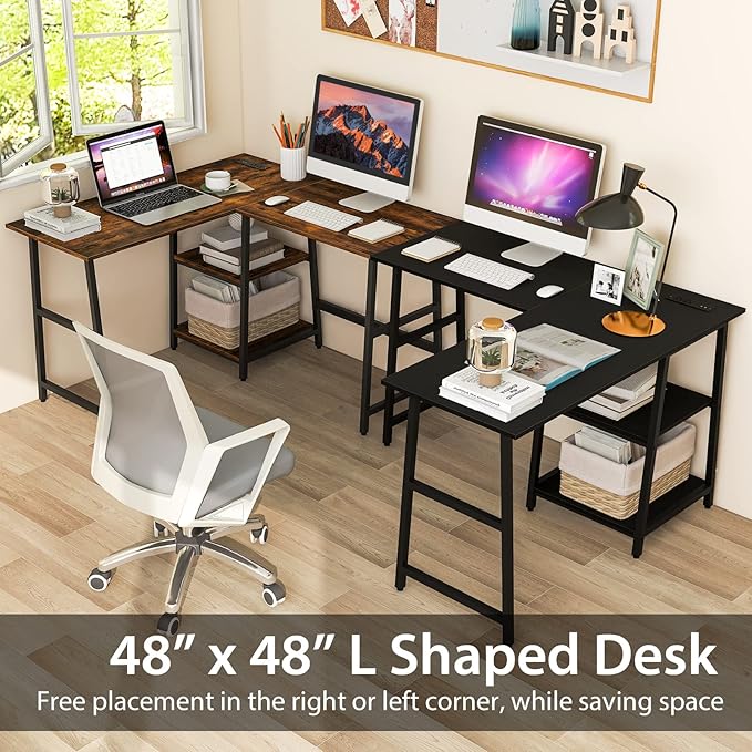 Tangkula 48” L Shaped Computer Desk Corner Study Writing Desk with Outlets &amp USB Ports Home Office Desk Computer Workstation with 2-Tier Shelf Executive Desk (Black)