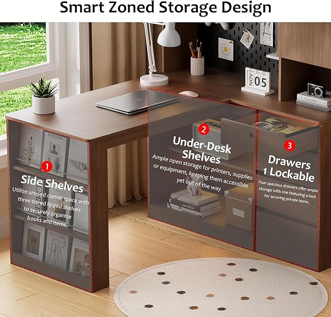 L Shaped Desk with Hutch Wooden Home Office Desk with 4 Drawers Storage Cabinet Charging Station Corner Writing Computer Desk(Left Side Desk Brown)