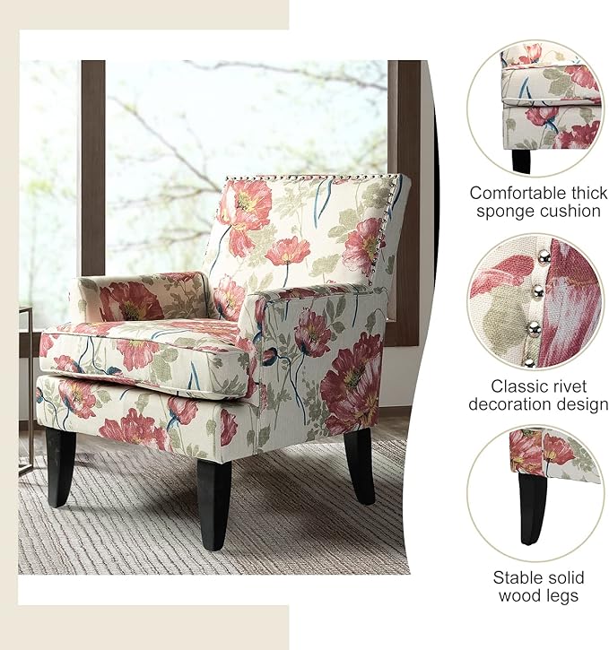 HULALA HOME Modern Accent Chair with Arms and Wooden Legs Mid Century Accent Chair Armchair High Back Rest Padded Armrest and Comfortable Cushioned Seat for Living Room (Red Yellow Floral)