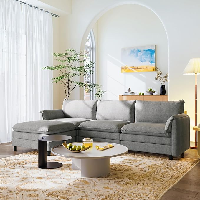 FLEXISPOT SF6 Cloud Sectional Couch for Living Room with Reversible Ottoman 100.4 L-Shaped Modular Sectional Sofa with Storage 3-Seater Comfy Sofa Couch for Apartment Chenille Gray