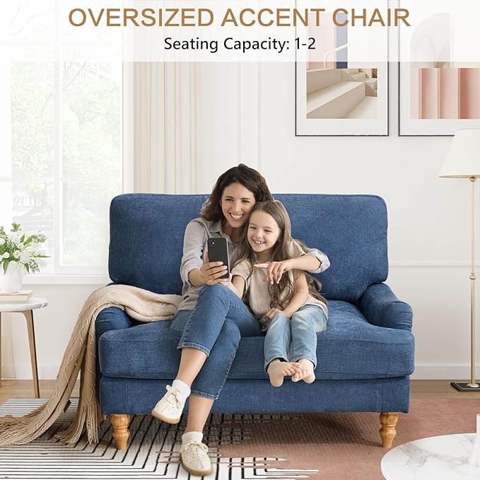 Bezseller Oversized Chair Indoor with Ottoman 46 W Upholstered Armrest Sofa Big Comfy Lounge Sofa Deep Seat Sleeper Chair for Living Room Apartment Bedroom Reading Room(Blue)
