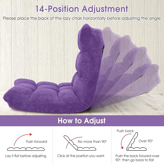 KOMFOTT 14-Position Adjustable Padded Gaming Sofa Chair with Back Support - Folding Lazy Lounge Meditation Reading Living Room and Video Gaming Chair in Purple