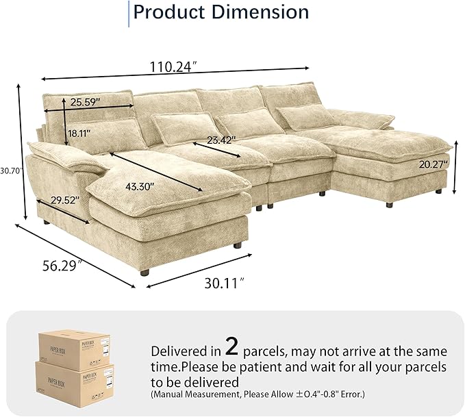 110 U Shape Sectional Sofa Cloud Couch for Living Room Upholstery Comfy Modular Sofas 4 Seat Chenille U-Shaped Sleeper Sofa with Chaise Lounge Pillows for Apartments Kakhi