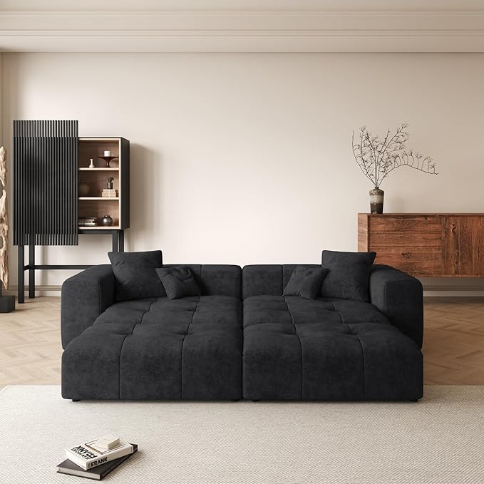 104 Love Seat Couch with Chaise Ottomans Modular Sectional Sofa Cloud Couch with Deep Seats Breathable Linen Fabric Sectional Couches for Living Room/Bedroom/Apartment Simple Assembly Black