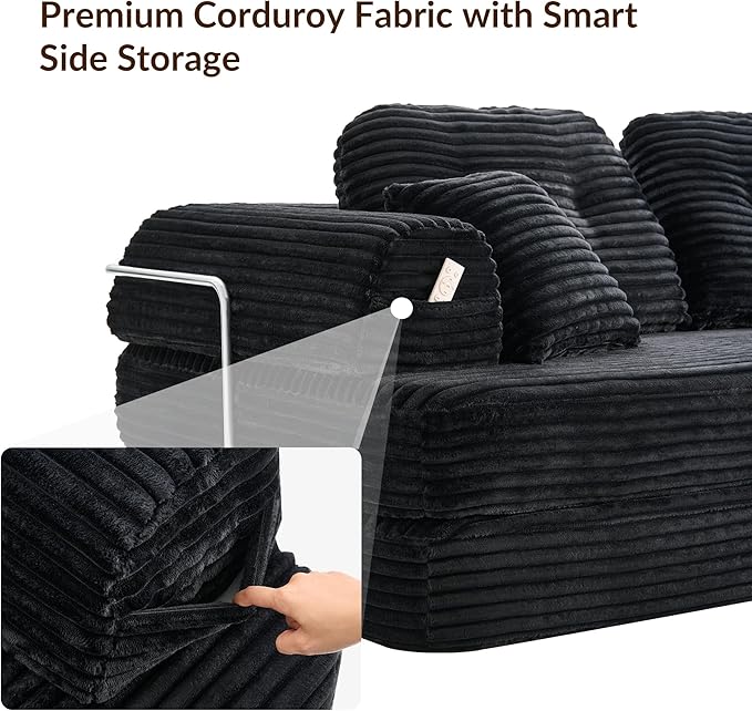 Floor Sofa Bed Corduroy Modular Couch for Small Apartment &amp Compact Space Convertible Futon Sofa with Large Ergonomic Back Cushions No Assembly Modern Loveseat (Graphite 82'')