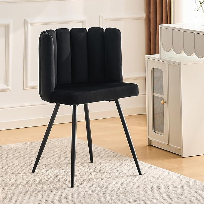 CLIPOP Living Room Barrel Accent Chair Modern Velvet Kitchen Dining Chair Vanity Chair with Metal Leg Scalloped Silhouette Cozy and Soft Padded Armless Leisure Makeup Chair for Bedroom Black