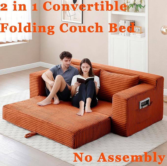 73 Cloud Loveseat Sofa Bed Orange - Boneless 2-Seater Couch No Assembly Convertible Folding 2-in-1 Design Small Space Corduroy Memory Foam Floor Lounge Couch for Bedroom Living Room (Orange)