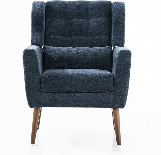 Generic Modern Accent ChairChenille Arm Chairs for Living RoomUpholstered Mordern ArmchairComfy Soft Padded Lounge Chair in Small Space Bedroom w/Pillow Solid Wood Leg (Dark Blue)