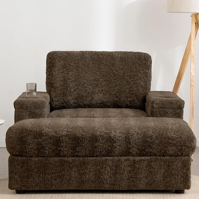 Merax Oversized Sleeper Chair with Storage Armrest &amp Ottoman Cup Holders Cloud Upholstered Chaise Lounge Recliner Deep Seat Reading Couch Sofa Bed for Living Room Bedroom Antique Brown