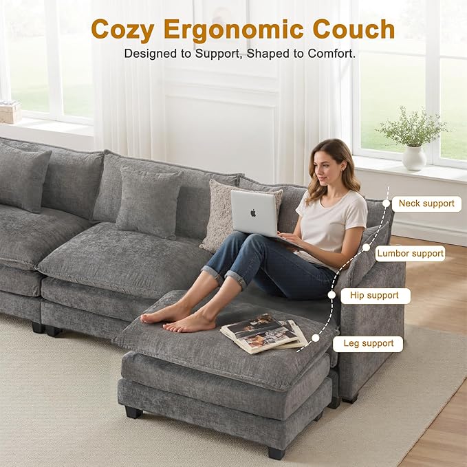 111.4 L-Shaped Cloud Chenille Sofa Sectional Couch with Reversible Chaise Flexible 3+1 Layout for Large Spaces Deep Seat and Free Pillows Included