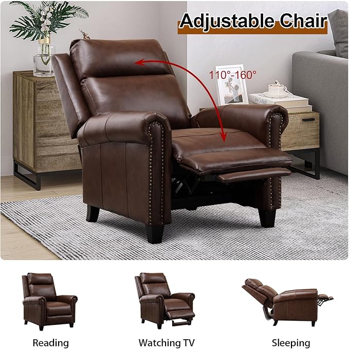 CANMOV Leather Pushback Recliner Chair Classic and Traditional Push Back Recliner Chair with Rivet Decoration for Living Room Adjustable Single Sofa Brown