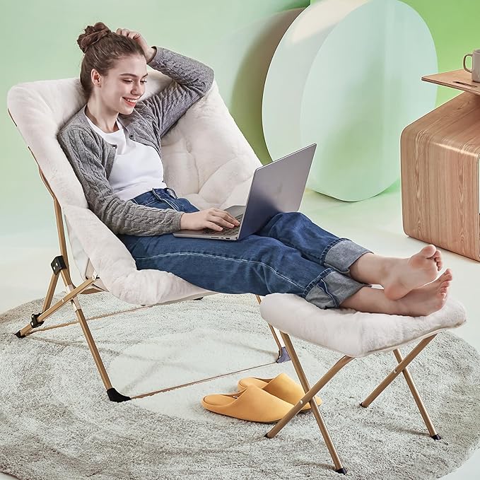 Walsham Folding Comfy Chair with Ottoman Faux Fur Soft Cozy Lounge Reading Papasan Chair with Footrest for Adults Kids Bedroom Living Room Dorms Small Space White
