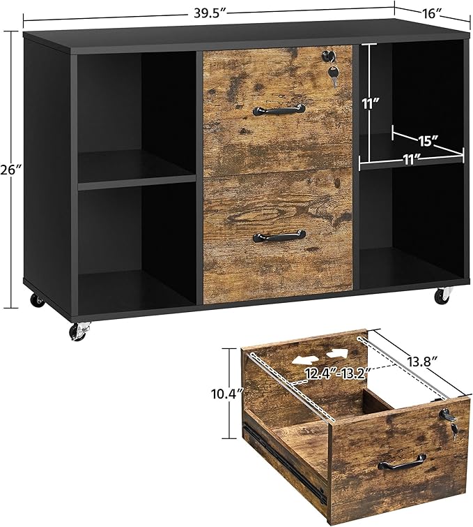 Topeakmart 2 Drawer File Cabinet for Letter Size A4 Size Large Mobile Lateral Filing Cabinet Printer Stand with 4 Storage Compartments for Home Office (Black/Rustic Brown)
