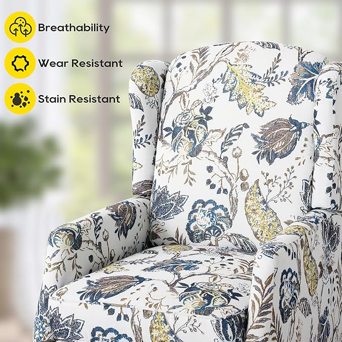 Wingback Recliner Chair Traditional Push Back Recliner Chair with Padded Seat Upholstered Wingback Chair Mid Century Modern Floral Recliner for Living Room(2 Blue Floral)