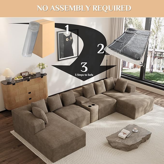 Modular Sectional Sofa with USB Cup Holders Storage 143 U Shaped Cloud Couch Plush Corduroy Deep Seat Boneless Sofas with Double Chaise Lounge Sectional Couches Memory Foam for Living Room - Camel