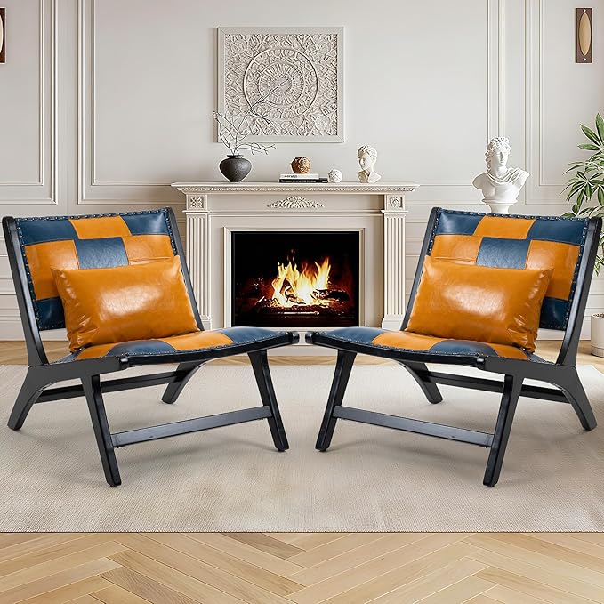 Accent Chair Modern Comfy Genuine Leather Armless Mid-Century Anthropologie Accent Chairs Lounge Arm Chair with Solid Wood Floral Pattern Sofa Chair for Living Room/Office/Balcony/Bedroom