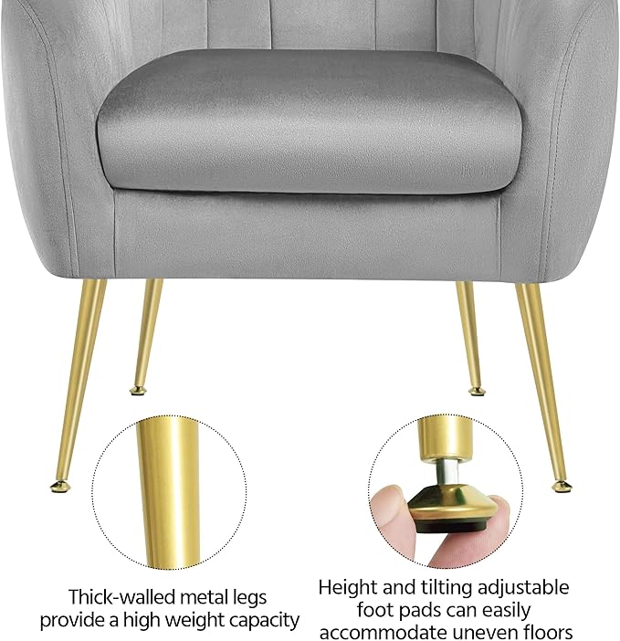 Yaheetech Modern Vanity Chair Velvet Soft Accent Chair with Gold Metal Legs Tufted Armchair Chaise Lounge for Living Room/Bedroom Gray