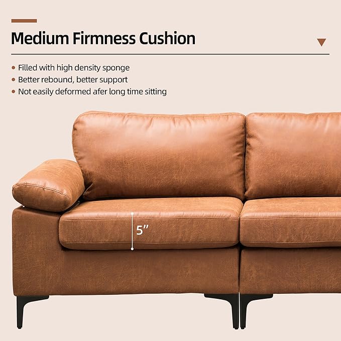 100 Faux Leather Convertible Sectional Sofa Couches for Living Room3 Seater L Shaped Sofa Couch with Reversible ChaiseMid-Century Modern Comfy Deep Seat Sofa (BrownSuede Fabric)