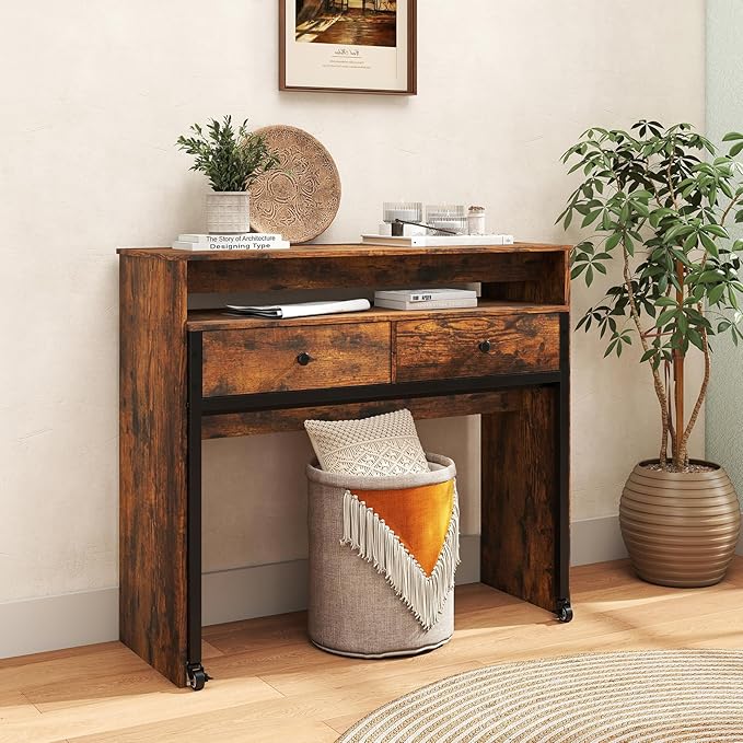 Giantex Small Computer Desk with Hutch &amp Drawers Extendable Writing Desk w/Pull Out Secondary Table Monitor Stand &amp Rolling Wheels Console Table Compact Desk for Small Spaces (Rustic Brown