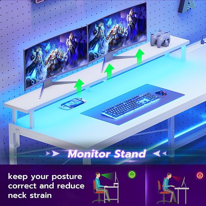 SEDETA White L Shaped Desk with Fabric Drawer Reversible 51” Corner Desk with Storage Shelves L Shaped Gaming Table with LED Strip Power Outlet and Monitor Shelf for Home Office