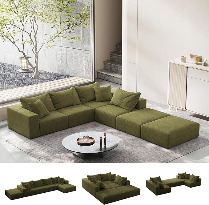 162 Oversized Cloud Couch Upholstered Modular Sectional Sofa with 6 Pillows Deep Seat Chenille Couches for Living Room Free Combination No Assembly Required (Green)
