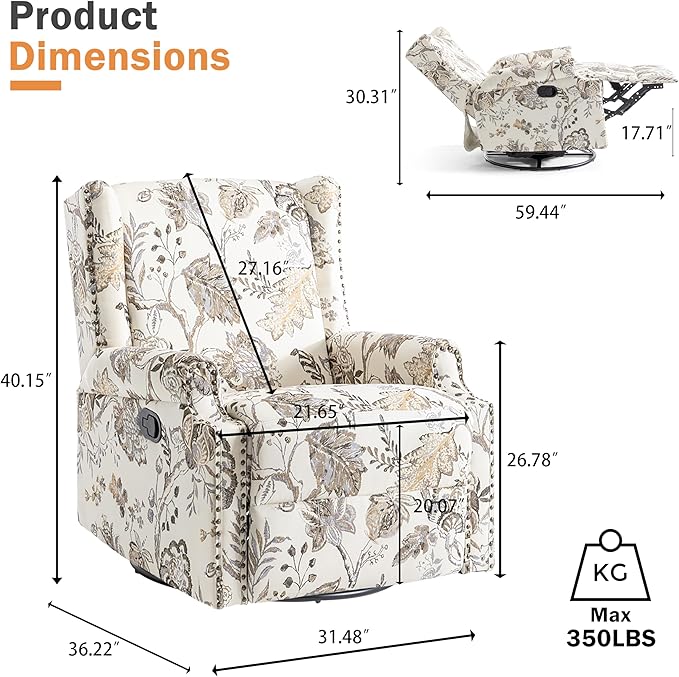Swivel Glider Recliner Chairs Set of 2 High Back Rocker Reclining Accent Chair with Smooth Manual Mechanism for Nursery Comfortable &amp Quiet Upholstered Armchair Seating-Cream Plant