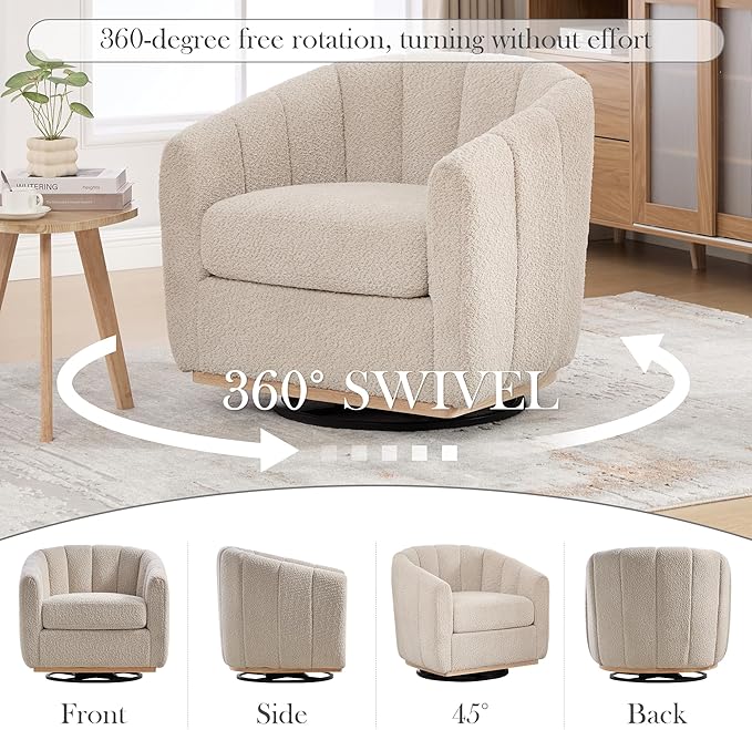 Aoiy &amp Wifon 32.33 W Swivel Accent Barrel Chair Round Living Room Swivel Chair Boucle Wheat