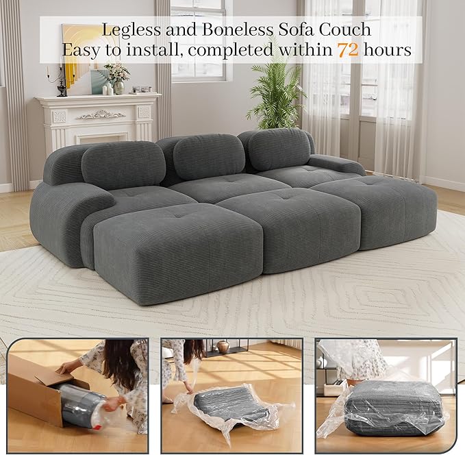 Boneless Sectional Couch No Assembly Required 117.3” Modular Cloud Sofa with Pillow and Ottoman Deep Seat Corduroy Couch for Living Room Bedroom Office Apartment