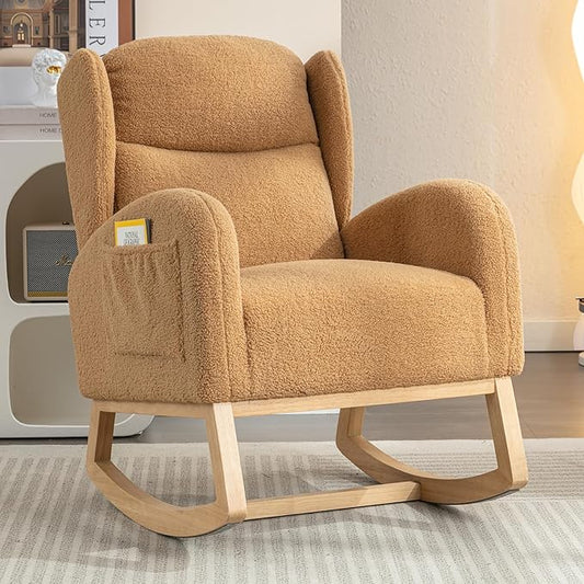 Setawix Teddy Rocking Glider Chair for NurseryUpholstered Living Room Rocker Arm ChairLeisure Sherpa Wingback ArmchairMid Century Modern Rocking Accent Chair with Side Pockets (Wingback Khaki)