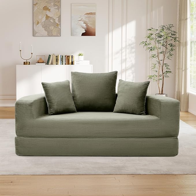 TTK 67” Oversized Round Sofa Bed 2 in 1 Convertible Circle Bed Folding Futon Lazy Floor Round Chaise Lounge Chair Comfy Corduroy Boneless Loveseat Couch for Living Room Apartment No Assembly (Green)