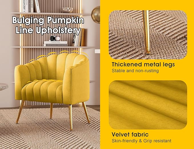 Oversized Pumpkin Couch Accent Chair Modern Comfy Velvet Upholstered Barrel Chairs Luxury Single Sofa Armchair for Living Room Waiting Room Office and Vanity (Yellow)