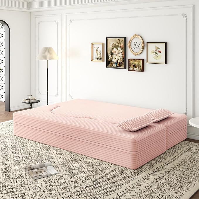 2 in 1 Convertible Folding Sofa Bed Plush Corduroy Lazy Lounge Sofabed Foam Folding Floor Sofa Bed 78 Full Size Memory Foam Couch for Living Room Guestroom No Assembly Sofabed (Baby Pink)
