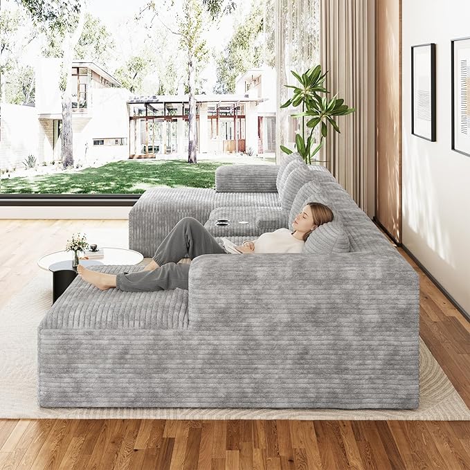 143 Oversized U Shaped Cloud Sectional Couches for Living Room Comfy Fluffy Corduroy Grey Boneless Couch Large Modular Sectional Sofa Set with Chaise Cup Holder USB Port Storage Console