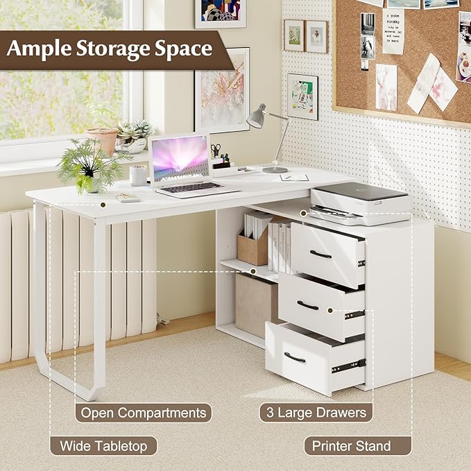 Giantex 55 Inch L-Shaped Desk with Charging Station Reversible Computer Desk with 3 Drawers Adjustable Shelf Large Computer Workstation Corner Desk for Small Spaces Home Office (White)
