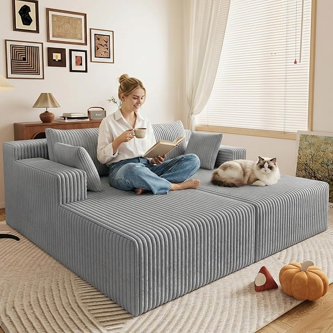 71Oversized Chaise Lounge ChairSectional Double Lounge Chaise with PillowsUpholstered Corduroy Boneless Lounge ChairFluffy Modern Loveseat Sleeper Sofa for Living Room &ampBedroom(Light Grey)