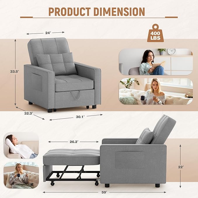 Flamaker Sofa Bed Sleeper Sofa 3-in-1 Adjustable Couch Bed with Modern Linen Fabric Convertible Sleeper Chair Couches for Living Room Apartment and Small Space (Bright Gray)