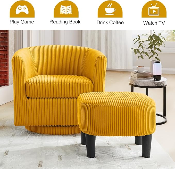 Swivel Accent Chair with Ottoman Modern Upholstered Tufted Armchairs with Footstool 360 Degree Swivel Barrel Sofa Chair Corduroy Round Tub Sofa Chair with Foot Rest for Living Room (Orange)