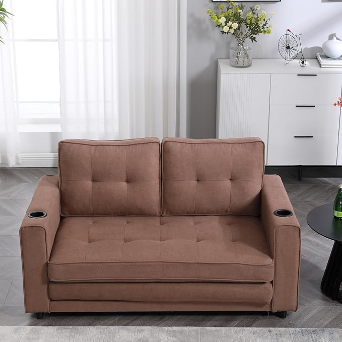 Merax Folding Sofa Bed with 2 Storage Pockets Linen Convertible Couch Bed with Cup Holders Loveseat Sleeper Sofa Folding Couch Bed for Small Spaces for Living Room Apartment Brown