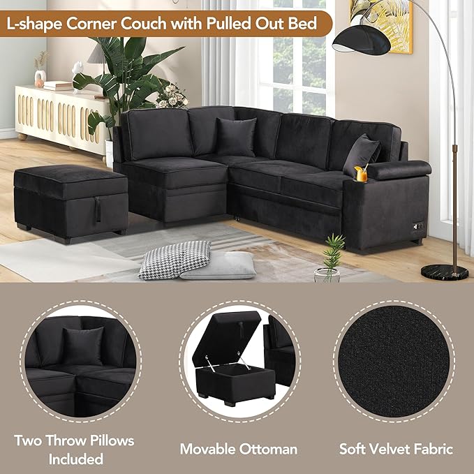 LUMISOL 87 Convertible Sofa Bed with Storage Ottoman L-Shaped Sectional Sofa with Cup Holder &amp USB Ports Pull Out Sleeper Sofa Couch with Chaise for Living Room Small Apartment Black