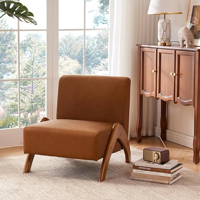 Oversized Accent Chair Set of 2 upholstered armless mid Century Modern Living Room Chair with Wooden Legs for Bedroom/Office/Cafe Faux Leather Cognac Brown