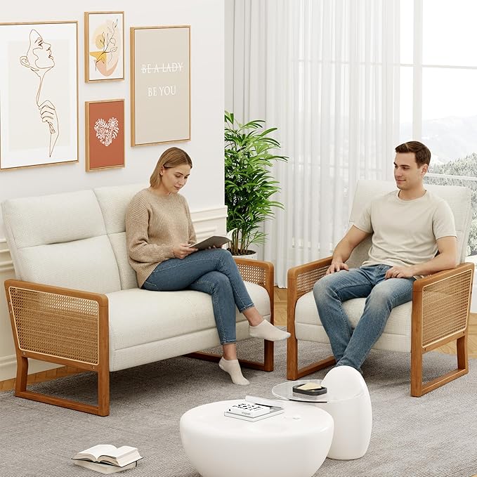 HAOBO Home Small Loveseat Sofa Mini Couch Upholstered Settee Bench with Rattan Arms Linen Small Sofa Couch for Living Room Dining Room Bedroom Funiture