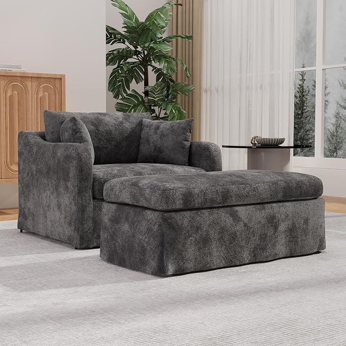 Mlmh &amp Kngwa Chenille Oversized Armchair with Ottoman 45.27 W Comfy Reading Chair and Ottoman Set Big Cozy Chair with 3 Pillows for Living Room Bedroom Reading Nook Charcoal