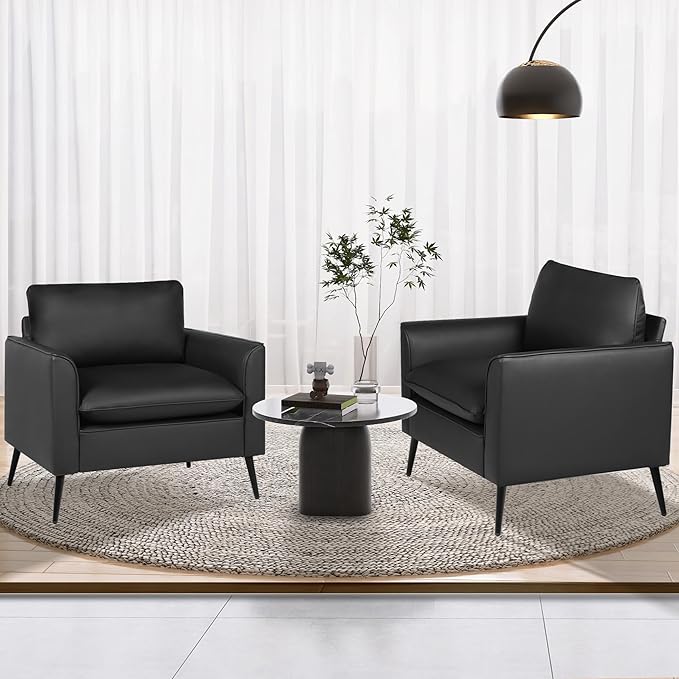 TYBOATLE Accent Chairs Set of 2 Black Leather Accent Chair Comfy Living Room Chair Cozy Reading Sitting Chair Mid Century Modern Accent Chairs Arm Reception Chairs Office Furniture