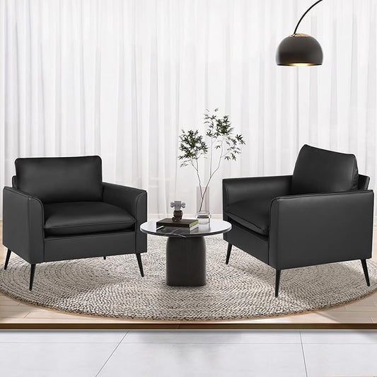 TYBOATLE Accent Chairs Set of 2 Black Leather Accent Chair Comfy Living Room Chair Cozy Reading Sitting Chair Mid Century Modern Accent Chairs Arm Reception Chairs Office Furniture