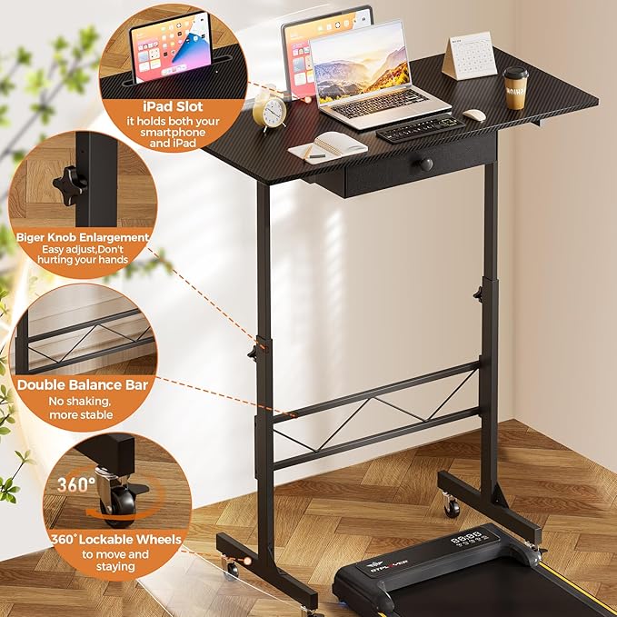 GTPLAYER Small Standing Desk Adjustable Height Small Computer Desk Mobile Portable Rolling Laptop Table with Wheels 32 Computer Workstation Sit Stand Desks Portable Standing Table Treadmill desks