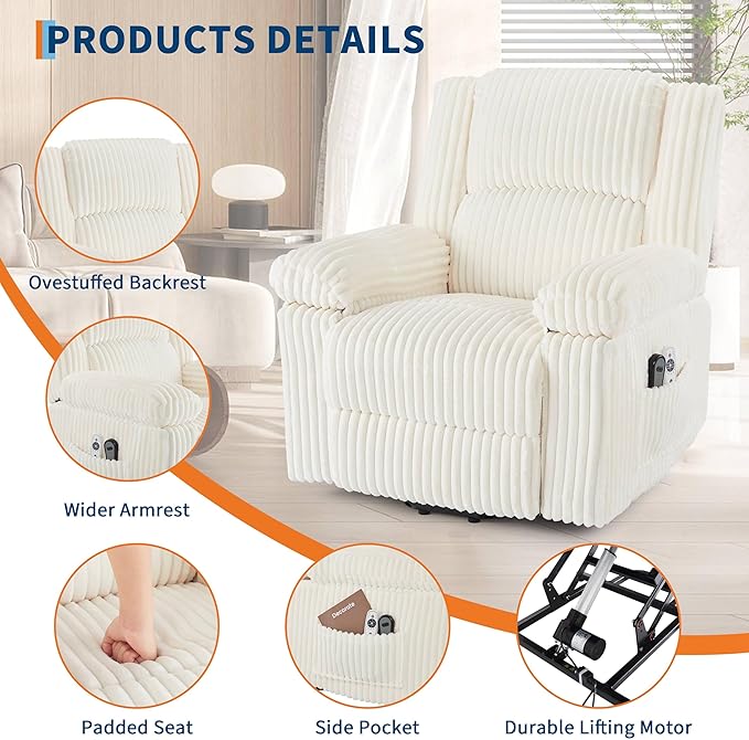 GarveeHome Power Lift Recliner Chair - Heat and Massage Electric Lift Plush Recliner with Soft Padded Seat Back Support &amp Armrests Designed for the Elderly and People with Mobility impaired