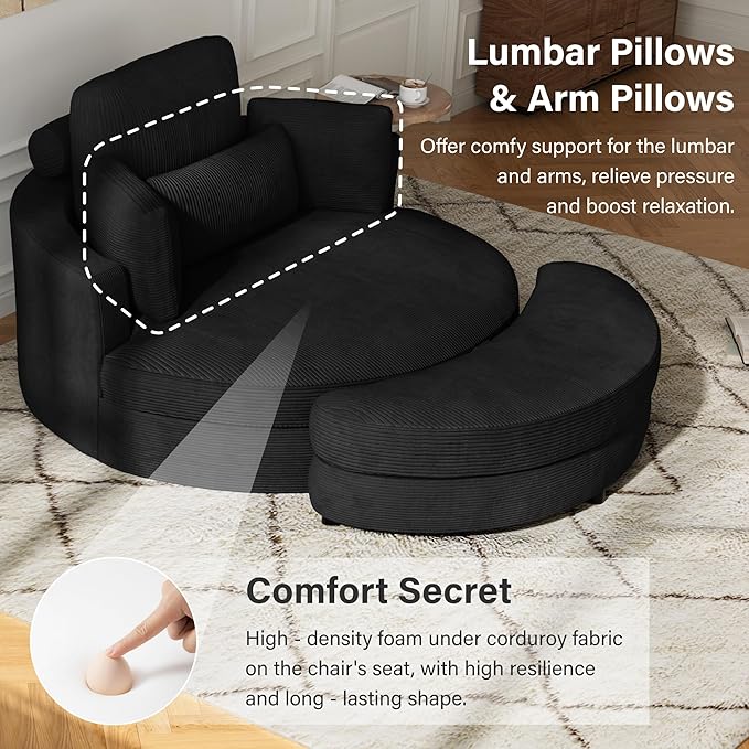DEINPPA 51'' Accent Swivel Barrel Chair with Storage Ottoman Modern Oversized Round Leisure Sofa Chaise with Tray Pillows Corduroy Upholstered Lounge Chair for Bedroom Living Room Hotel Club Black