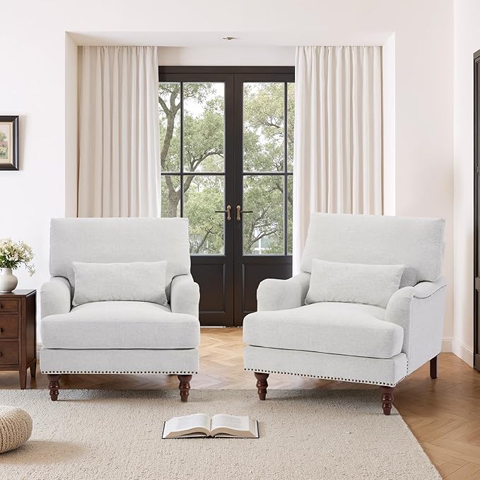 Accent Chairs Set of 2 Upholstered Armchair with Lumbar Pillow for Living Room Club Chair Chenille Arm Chair Mid Century Modern Reading Chair for Small Spaces-Beige
