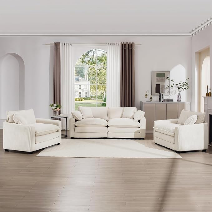 mikibama Luxury 3 Piece Sofa Set Loveseat Couch &amp 2 Single Sofa Set Modern Corduroy Comfy Cloud Couches Set for Living Room Office with 2 Armrest Pillows and 4 Toss Pillows Beige