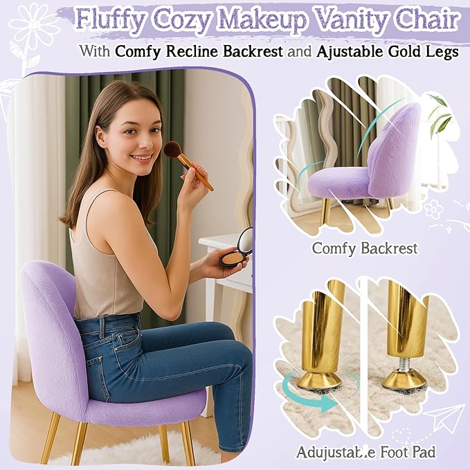 VINGLI Fluffy Girls Vanity Chair with Back &amp PillowCute Small Cozy Desk Chair No WheelsComfy Makeup Ch with Ajustable Gold Legsfor BedroomLiving RoomSmall SpacePurple